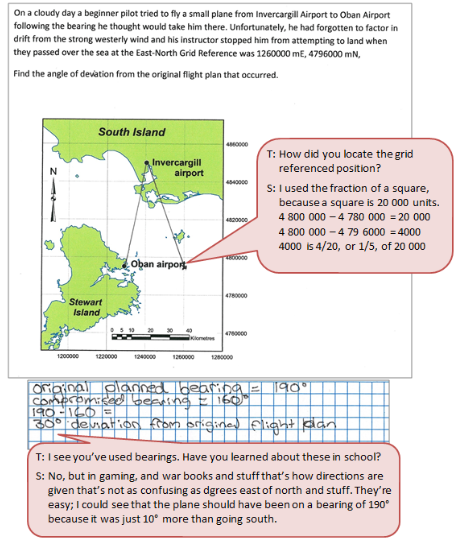 A map accompanied by a text box depicting the conversation between student and teacher.