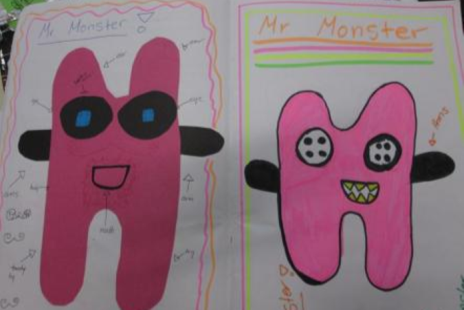 Two sketches of a student’s Mr. Monster toy.