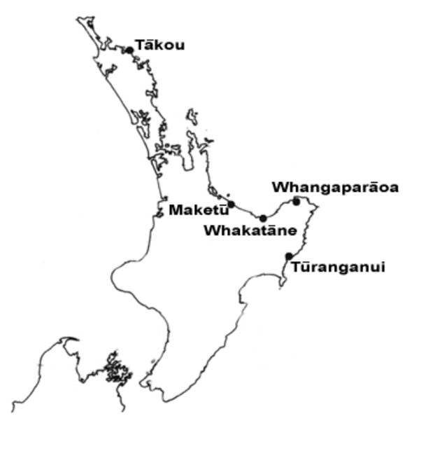 Map of North island with the locations Tākou, Whangaparāoa, Maketu, Whakatane and Tūranganui marked out