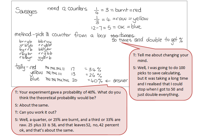 A student uses fraction information to set up and run a valid, simple probability simulation independently, with a text box of a conversation between the student and teacher.