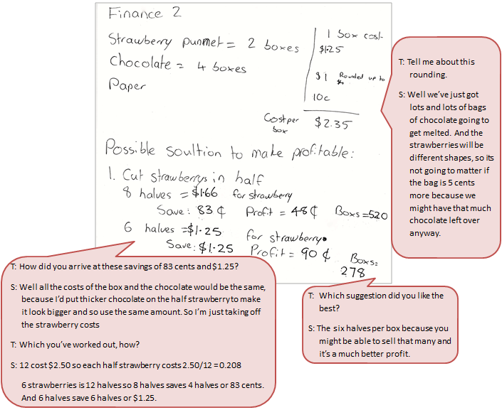 A student's workings accompanied by a text box depicting the conversation between the student and teacher.