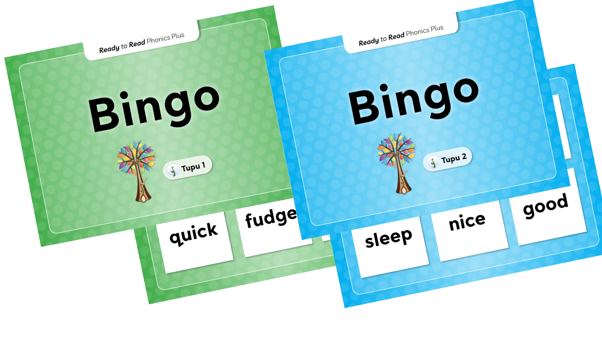 A preview of a blue bingo board with the title Bingo Tupu 1 and a Green bingo board with the title Bingo Tupu 2