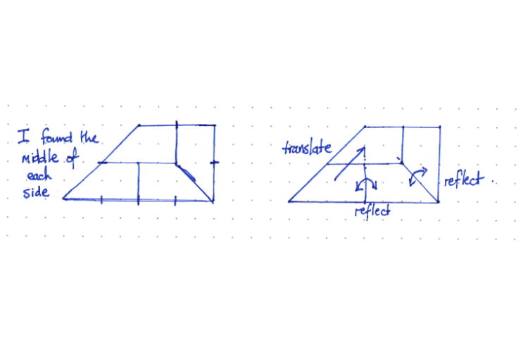 A hand-drawn reptile with the middle of each reptile's side marked with notes on how the shapes reflect and translate on itself to create the larger shape.