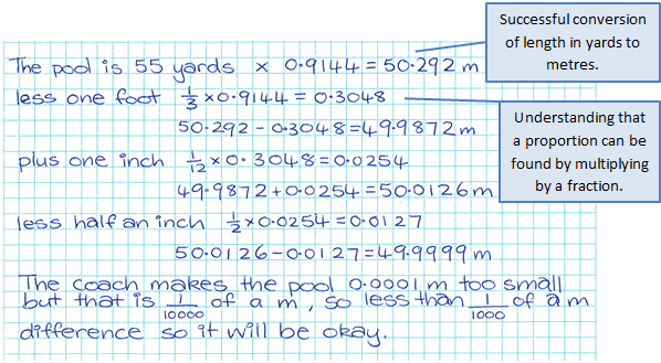 A handwritten maths problem solving converting lengths of the pool through fractions and multiplication. 