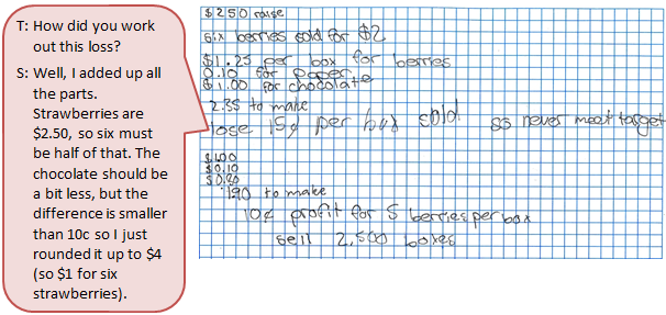 A student's workings accompanied by a text box depicting the conversation between the student and teacher.