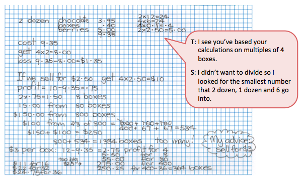 A student's workings accompanied by a text box depicting the conversation between the student and teacher.