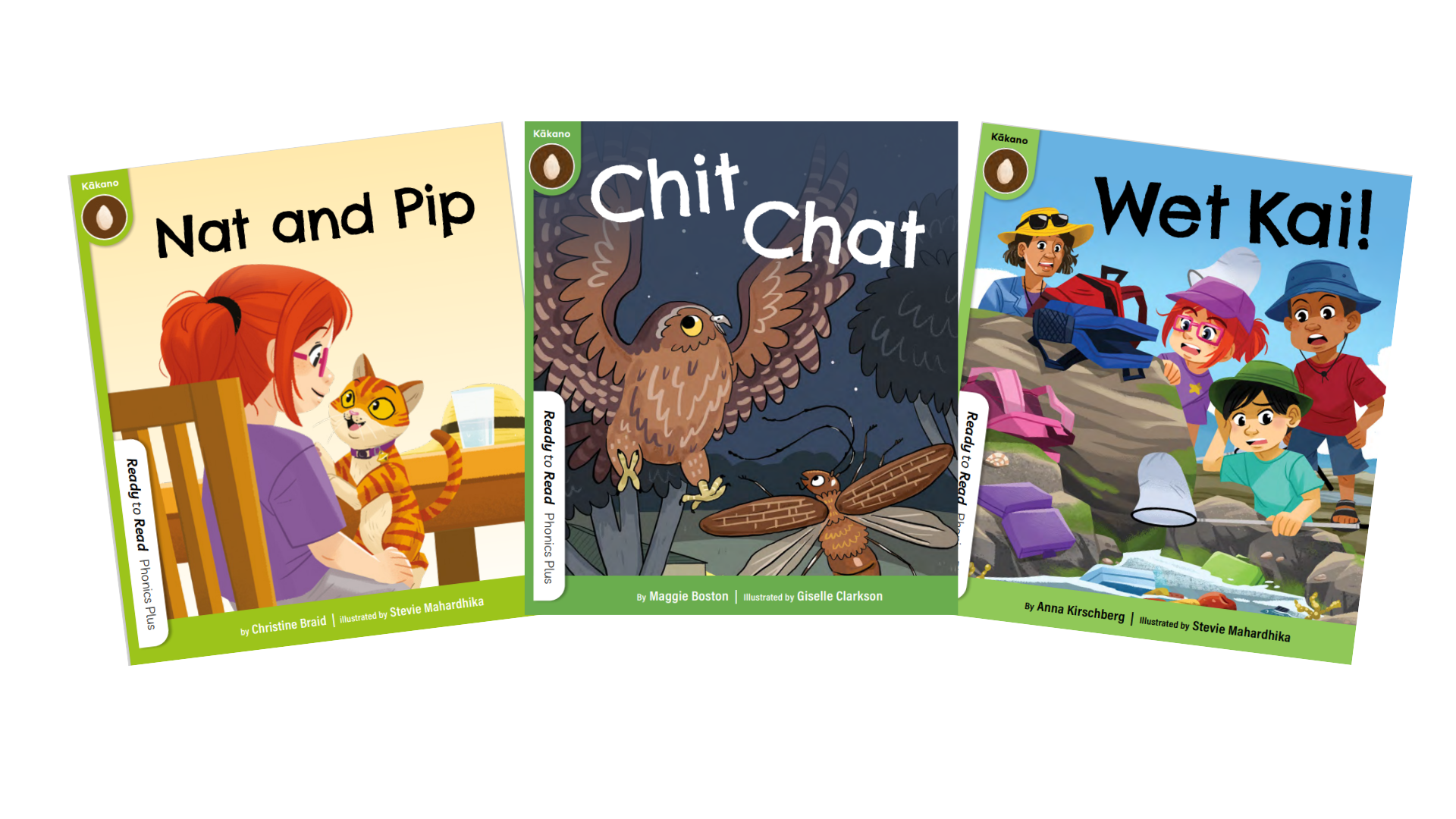 A sample of three Kākano book covers including "Nat and Pip", "Chit Chat" and "Wet Kai!"