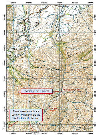 A map of a mountain range with student workings in red and 2 text boxes commenting on the findings.