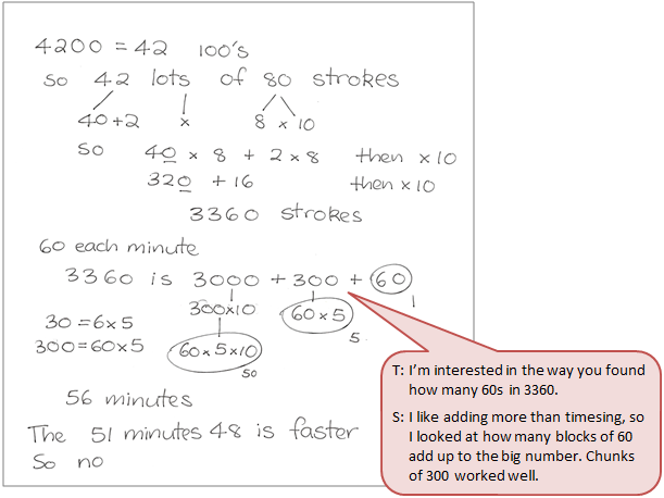 A student's handwritten workings, accompanied by a text box depicting the conversation between student and teacher.