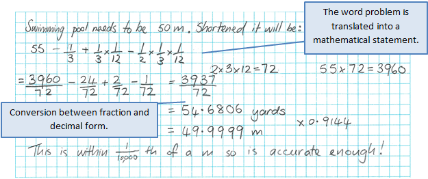 A handwritten maths problem solving converting lengths of the pool through fractions and multiplication. 