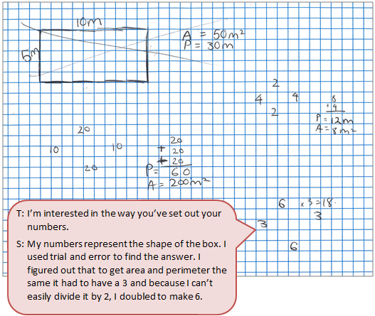 A handwritten set of workings to an area problem accompanied by a text box depicting the conversation between the student and teacher.