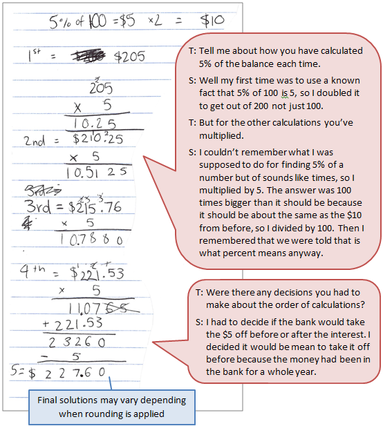 A student's workings accompanied by text boxes depicting the conversation between the student and teacher.