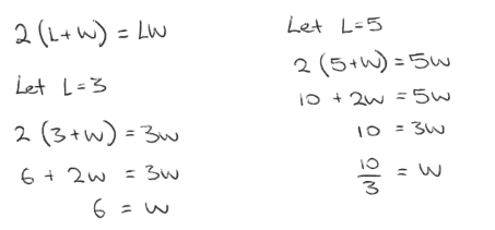 A work sample of a student using algebraic thinking with linear relationships by substituting values for one variable into the perimeter equals area equation.