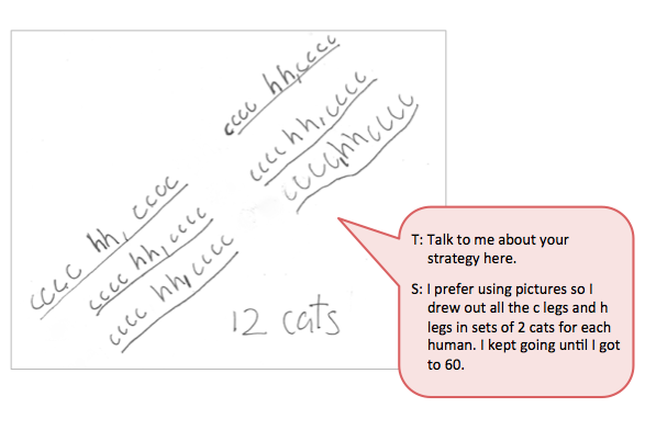 Handwritten workings accompanied by a text box depicting the conversation between the student and teacher.