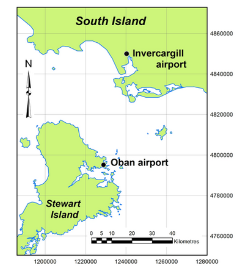 Map showing the South Island, Stewart Island, Invercargill Airport and Oban Airport.