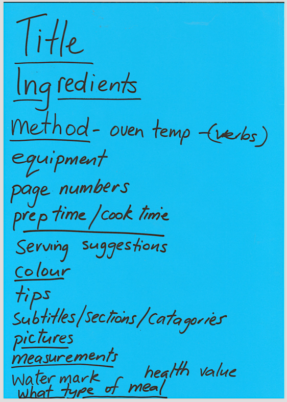 Handwritten student recipe book brief.