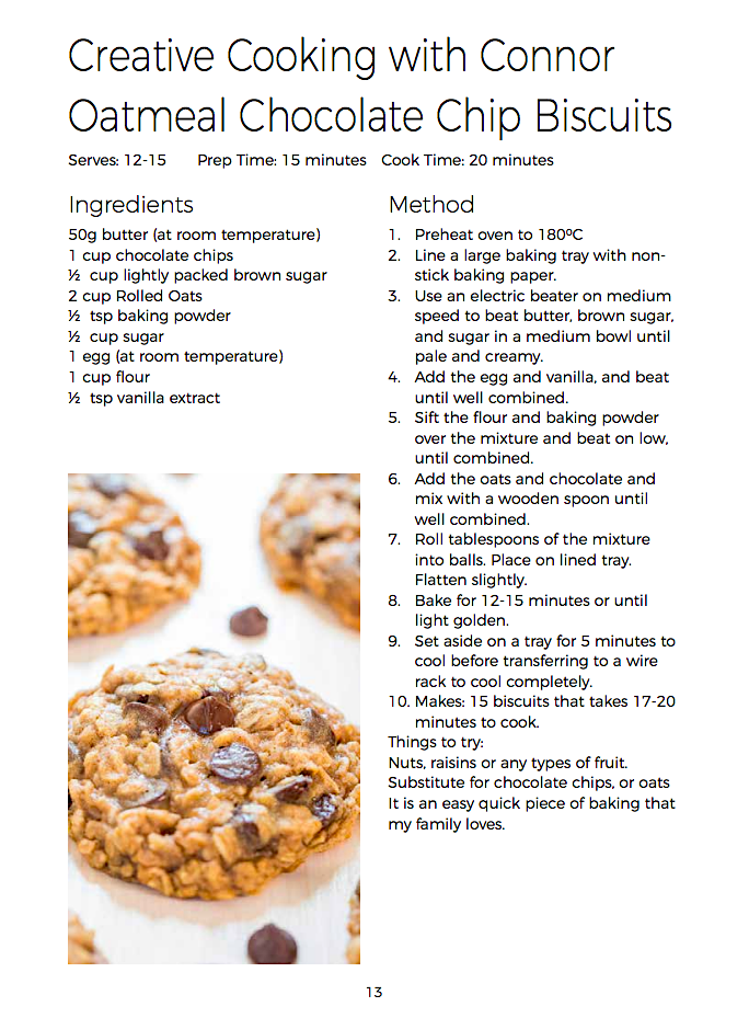 Final layout of recipe for oatmeal chocolate chip biscuits.