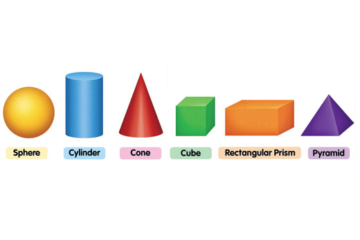 A line of 3D shapes in various colours.