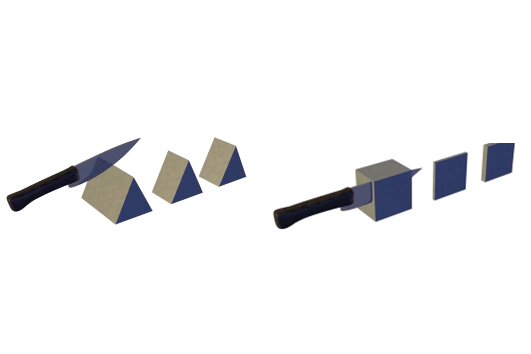 A diagram of a prism and cube being sliced with a knife.
