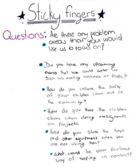 Handwritten questions for community groups.