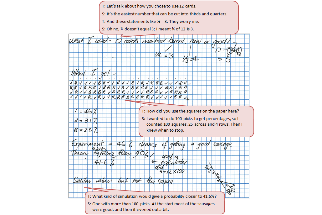 Student calculations on estimating and determining the probability value of getting a properly cooked sausage accompanied by a text box depicting the conversation between the student and teacher.