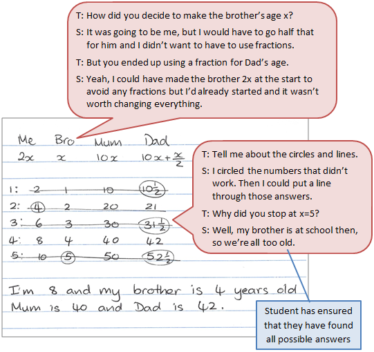 A student's workings accompanied by text boxes depicting the conversation between the student and teacher.