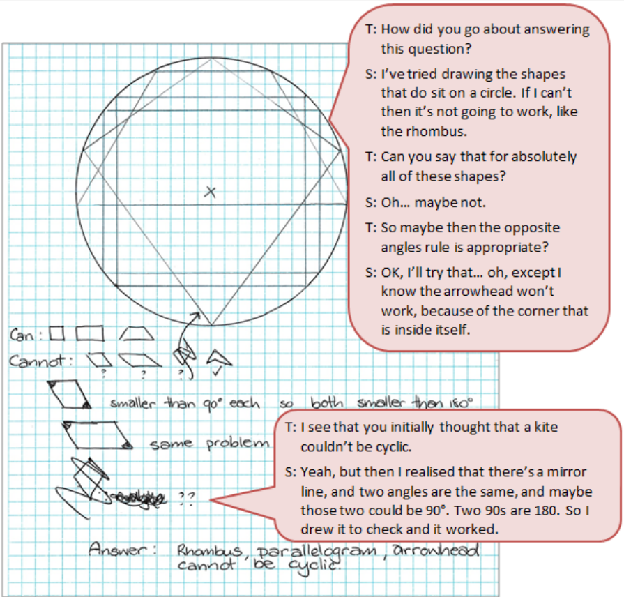 A student's handwritten notes with a text box depicting the conversation between the student and teacher.