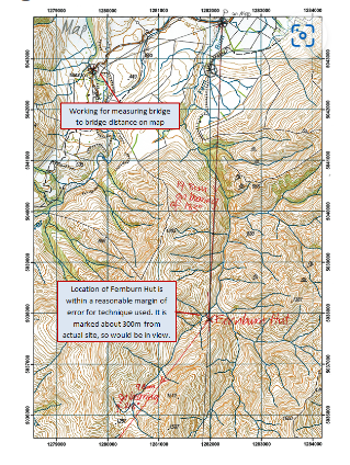 A map of a mountain range with handwritten student notes on it and 2 text boxes critiquing the students' workings.