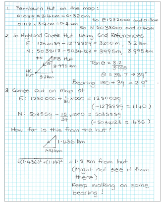 A student's handwritten notes calculating the distance from Fernburn Hut to Highland Creek Hut.