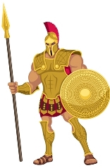 A gladiator wearing gold armor holding a spear and shield.