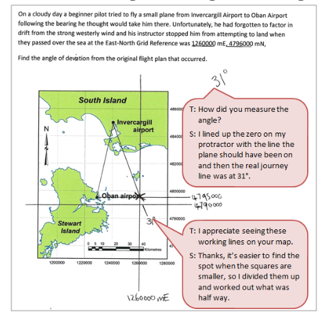 A map accompanied by a text box depicting the conversation between student and teacher.