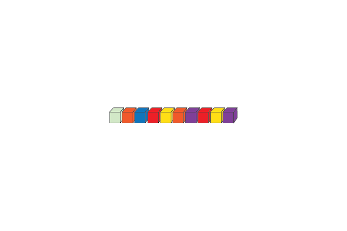 Ten different coloured cubes in a line.