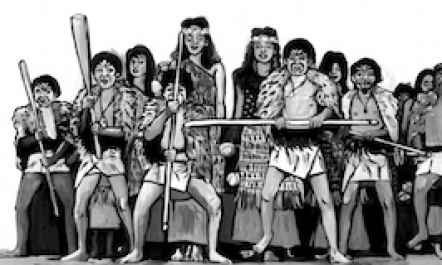 A kapa haka group dressed for the stage. Some are holding rākau.