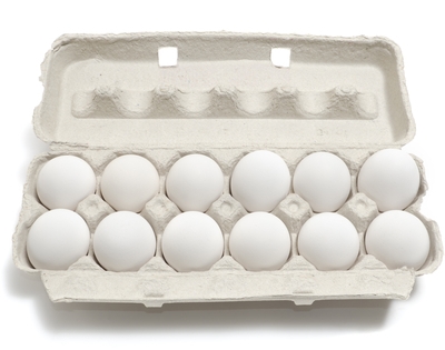 A carton with a dozen eggs.