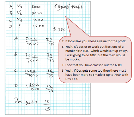 A handwritten set of fractions with a text box depicting the conversation between a student and a teacher.