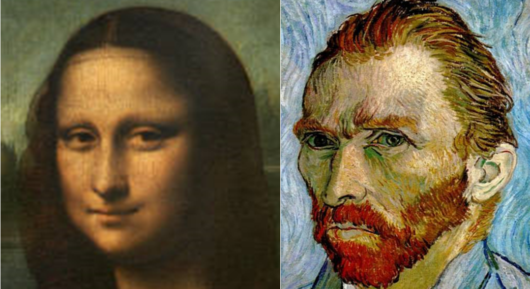 A close up of the 'Mona Lisa' by Leonardo next to a close up of 'Self-portrait' (1889) by Vincent van Gogh.