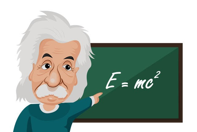 Cartoon image of Albert Einstein pointing to a blackboard with his equation E equals mc squared.