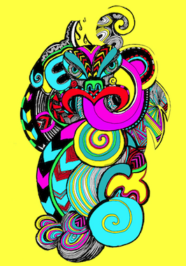 An artwork depicting Tāwhirimātea. It is a bold piece. The background is yellow and Tāwhirimātea's body has many colours.