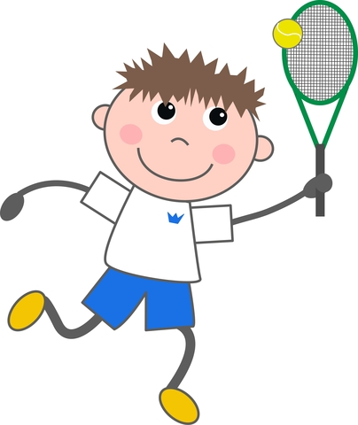 A cartoon kid playing tennis.