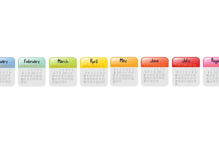 January to August calendars.