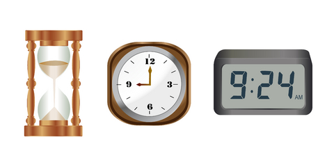An hourglass, a clock, and a digital clock.