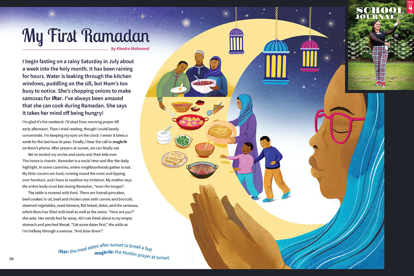 A preview of the story Skylarking. An illustration of a man a Muslim family breaking fast in the evening. The cover of Level 4 School Journal June 2024 appears in the corner.