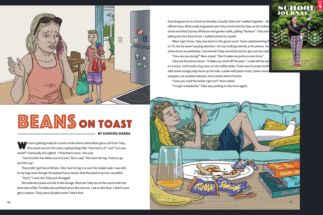 A preview of the story Bean on Toast. An illustration of a boy on a couch with a cast on his leg. The cover of Level 4 School Journal June 2024 appears in the corner.