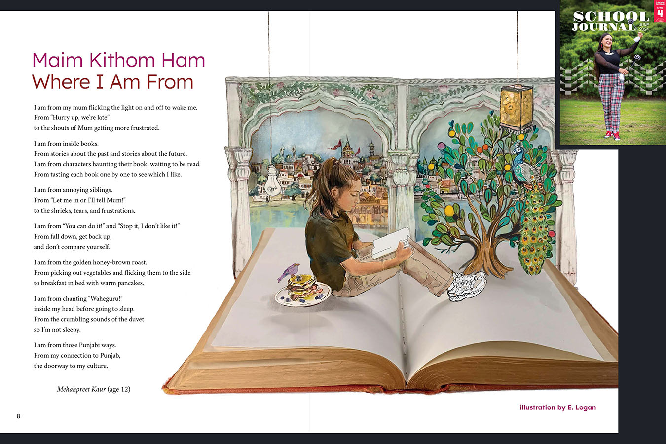 A preview of Maim Kithom Ham | Where I Am From. A a young girl sitting on a book. The cover of Level 4 School Journal June 2024 appears in the corner to indicate which journal this appears in.