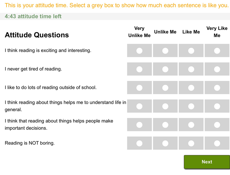 A screenshot of the e-asTTle attitude questions for reading.