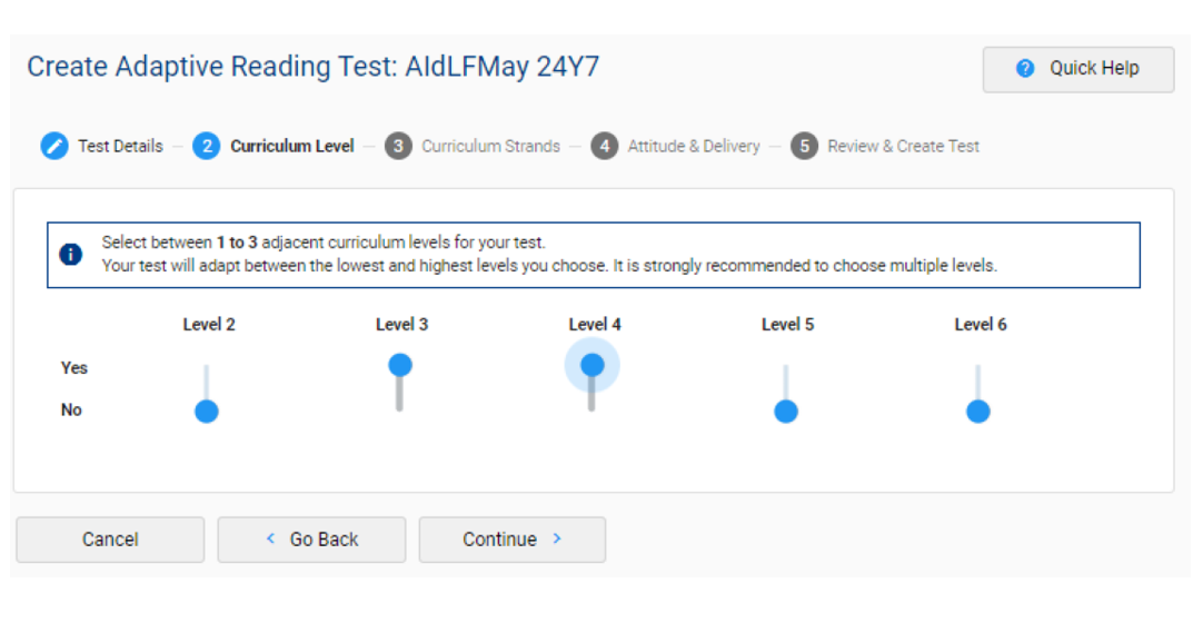 A screenshot of e-asTTle showing Curriculum Level options for Adaptive tests.