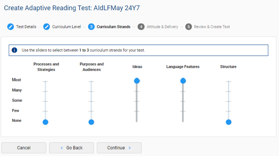 A screenshot of e-asTTle showing Curriculum Strands for Adaptive tests.