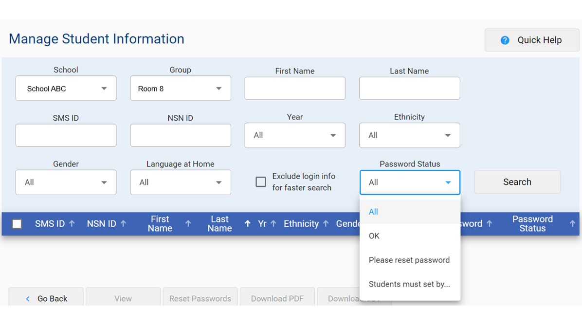 Screenshot of the Managing Student Information section of the e-asTTle tool.