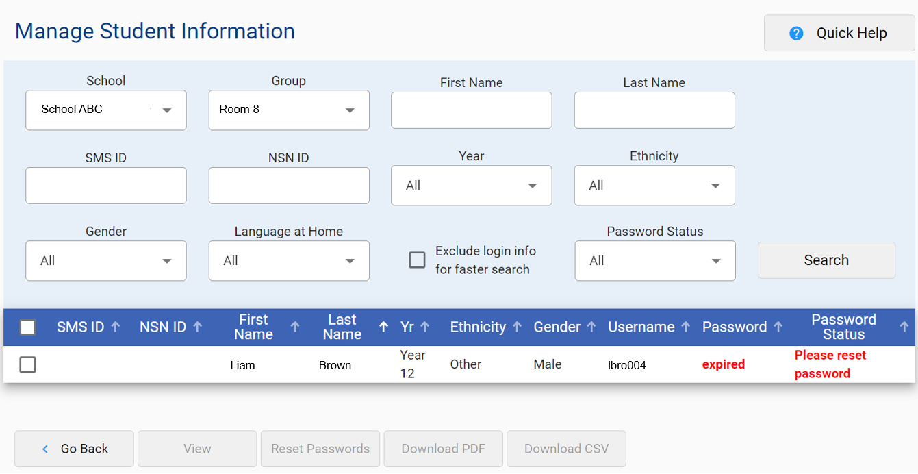 Screenshot of the Managing Student Information section of the e-asTTle tool.