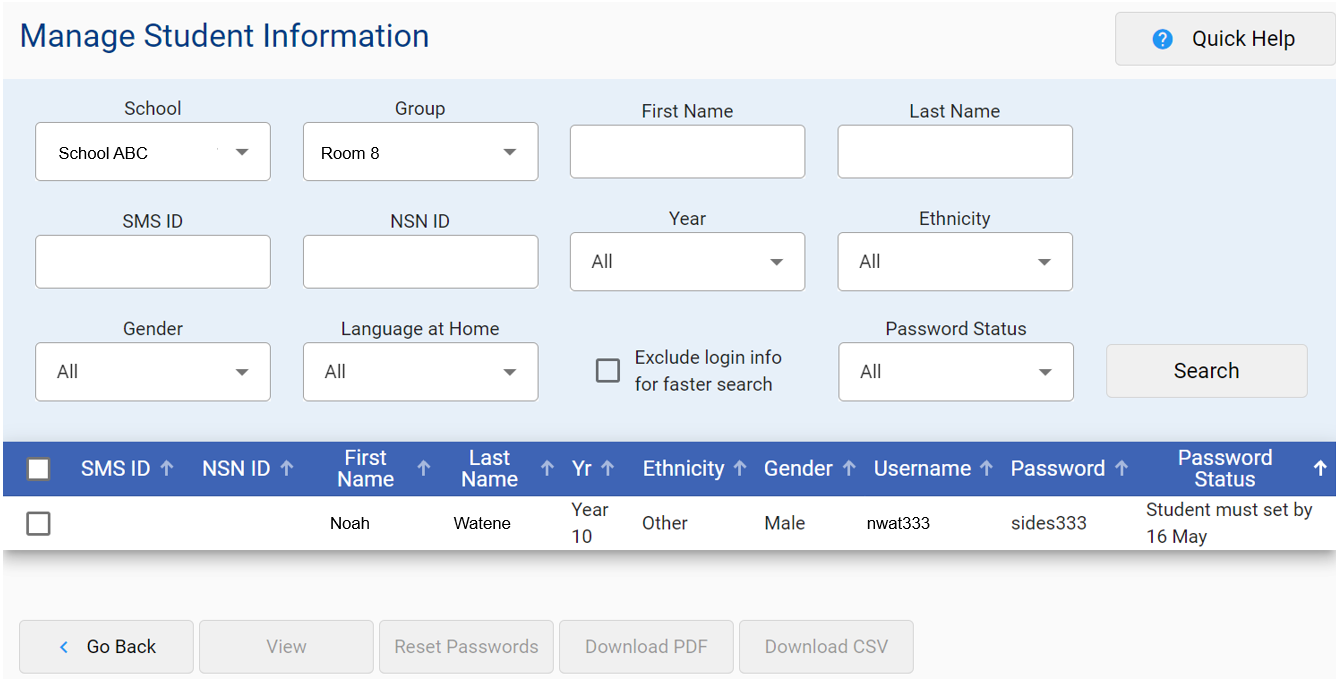 Screenshot of the Managing Student Information section of the e-asTTle tool.